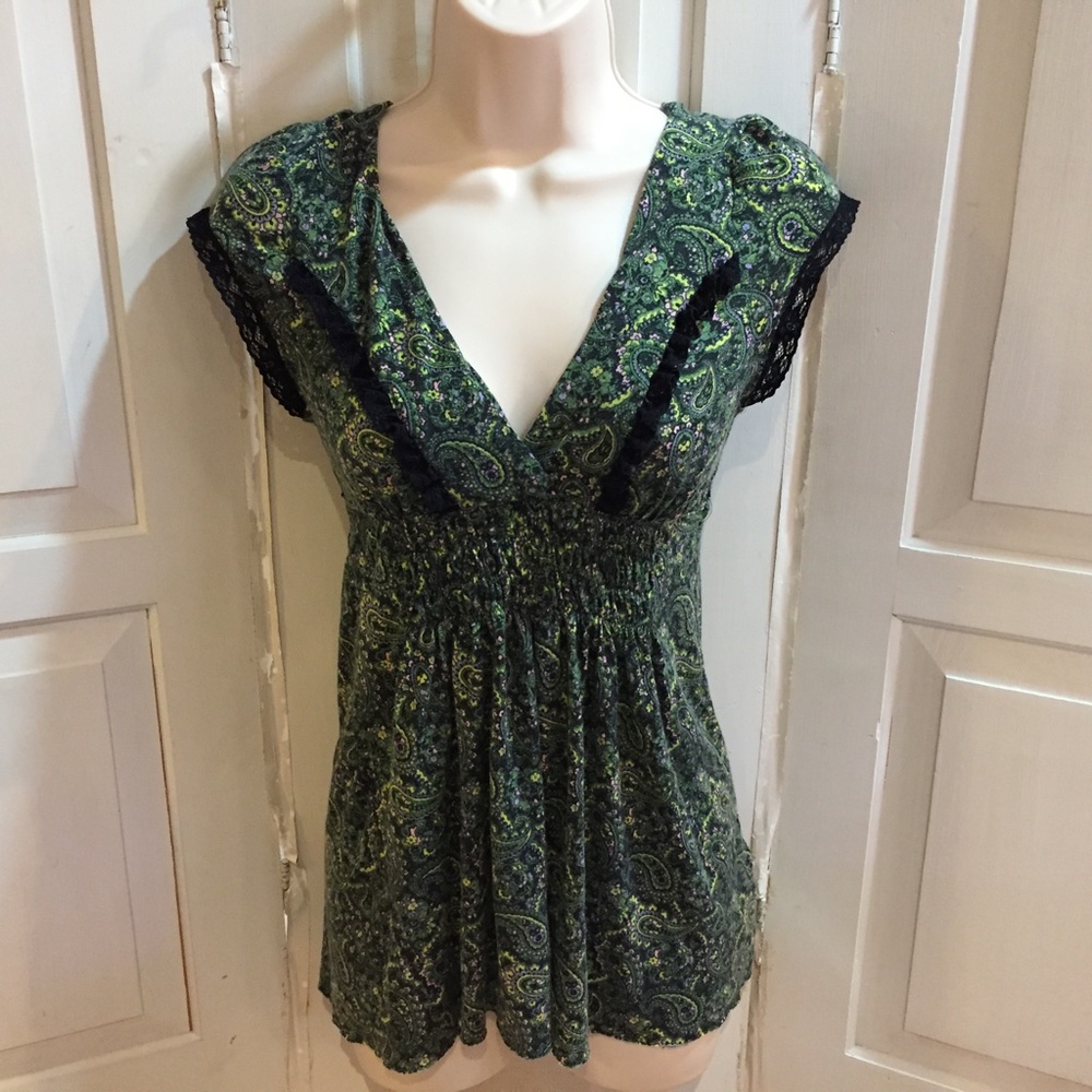 Free People Green Paisley Floral Top